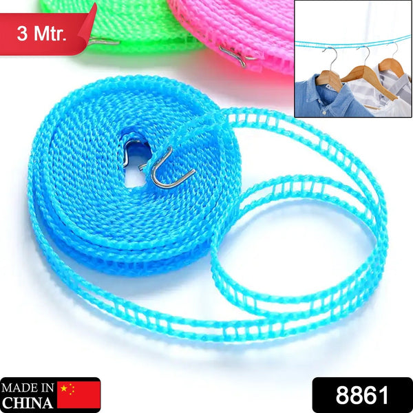 3 Meter Anti-Slip Clothesline Rope - Nylon, Hooks, Indoor/Outdoor (Pack of 2)